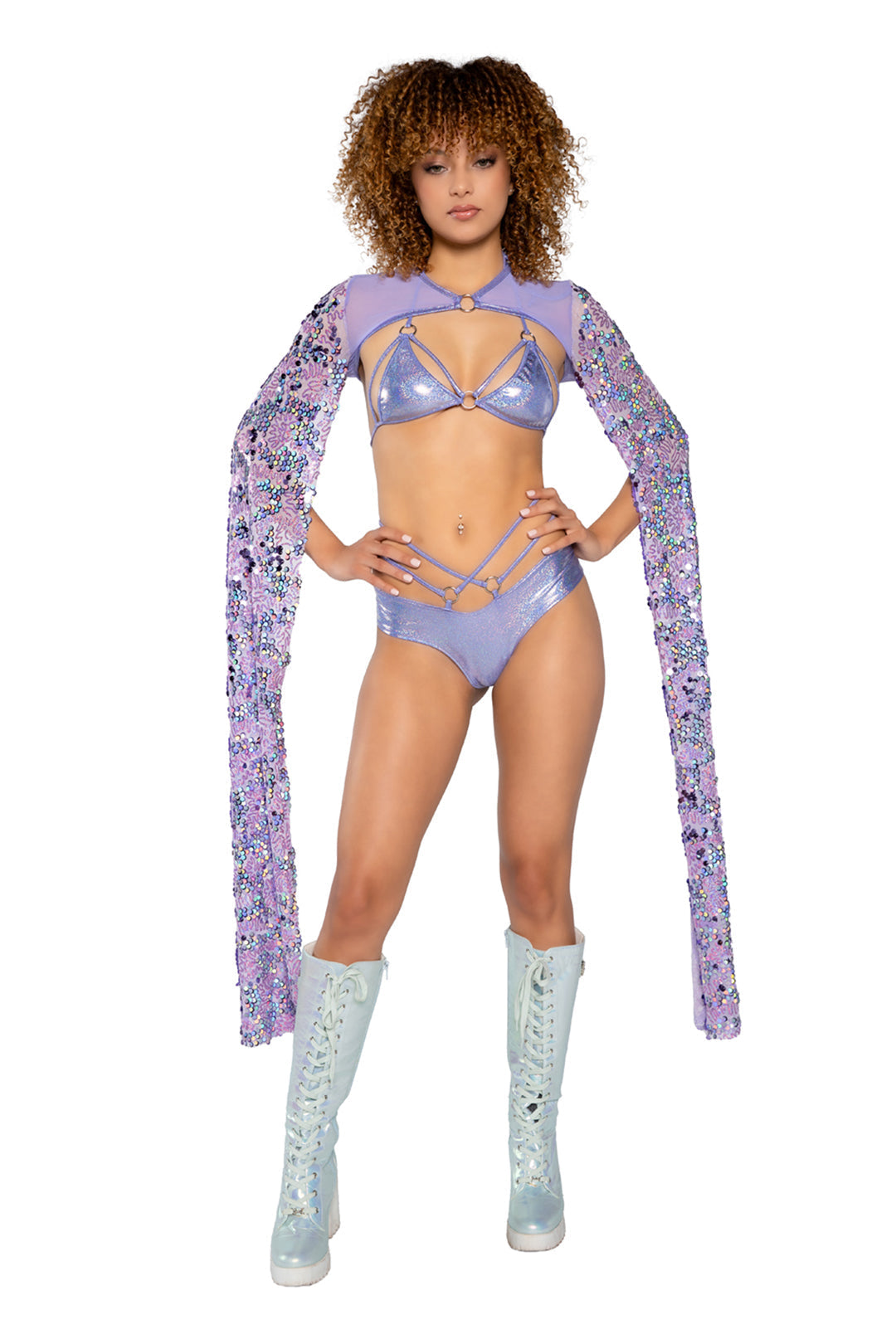Metallic strap triangle top and shorts set rave outfit, view 3